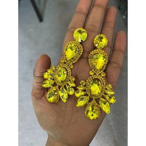 Big Yellow earrings large jonquil rhinestone crystal chandelier huge pierced